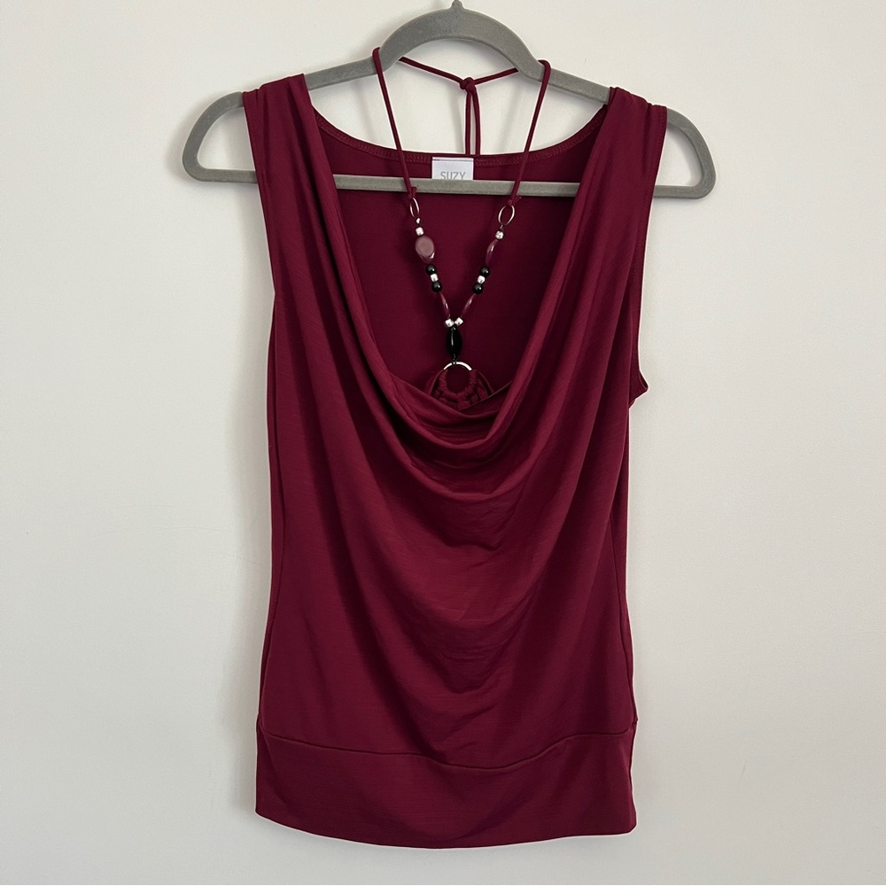 Y2K Maroon Cowl Neck Top Size Medium Sleeveless Draped Blouse Going Out Club